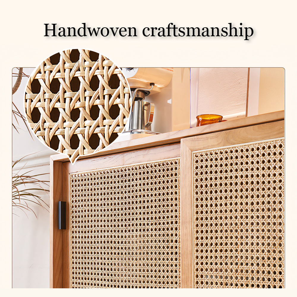 39" Modern Rattan Sideboard 2-Door Natural Wood Buffet Cabinet with Metal Legs