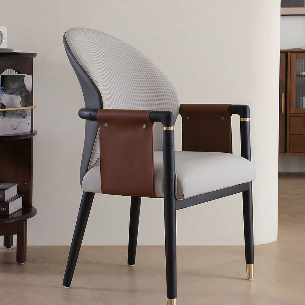 Modern Upholstered Dining Chair Set of 2 Curved Back Accent Chair with Faux Leather Armrests and Ash Wood Legs