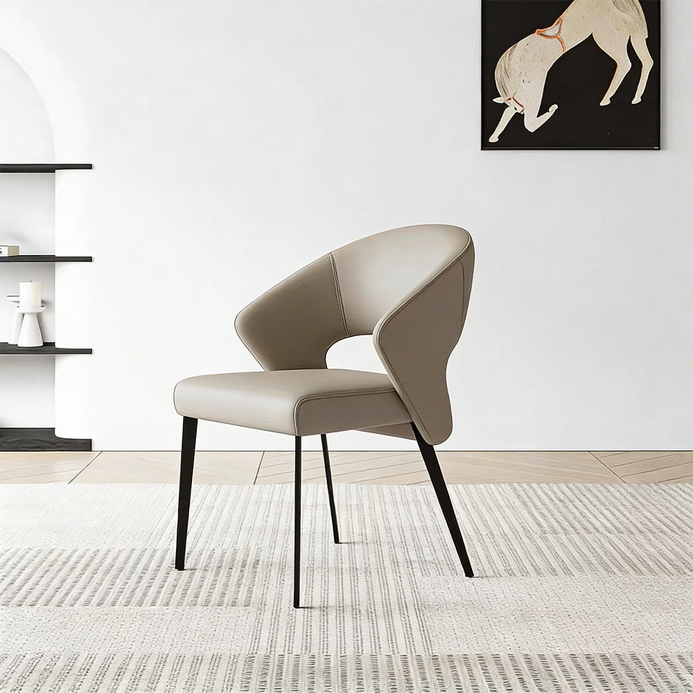 2PCS Modern Curved Upholstered Dining Chair Leather Accent Armchair with Black Metal Legs