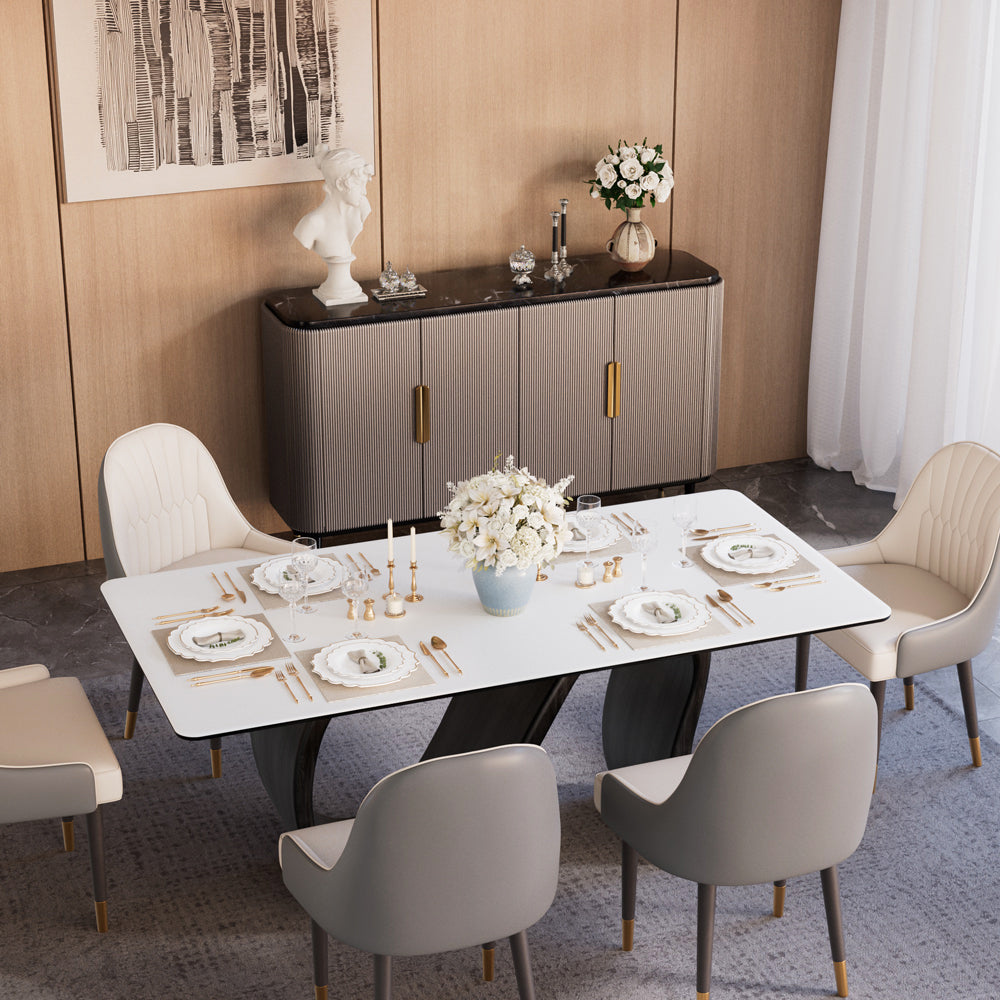 Modern Luxury Dining Set S-Shaped Walnut Base Marble-Effect Table × Gray & Gold Sideboard