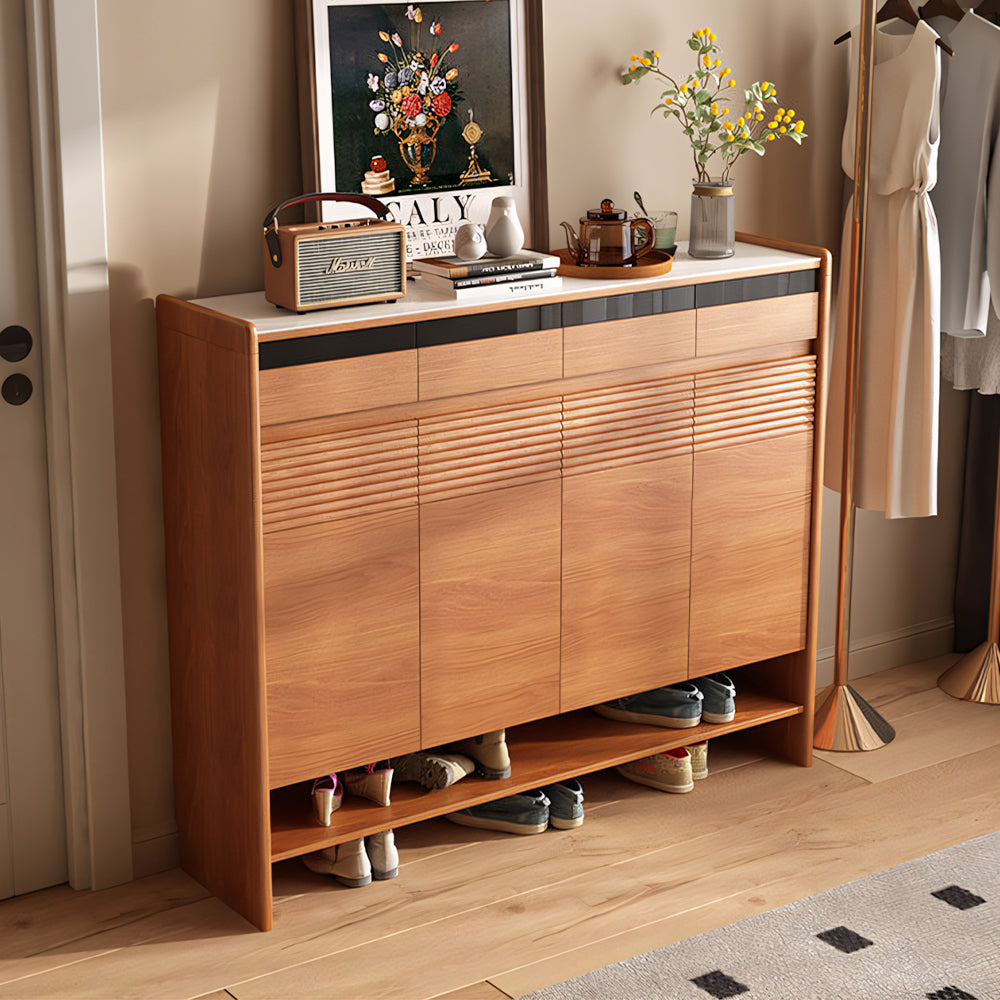 Modern Wood Shoe Cabinet with Doors Natural Entryway Storage Organizer with Open Shelf