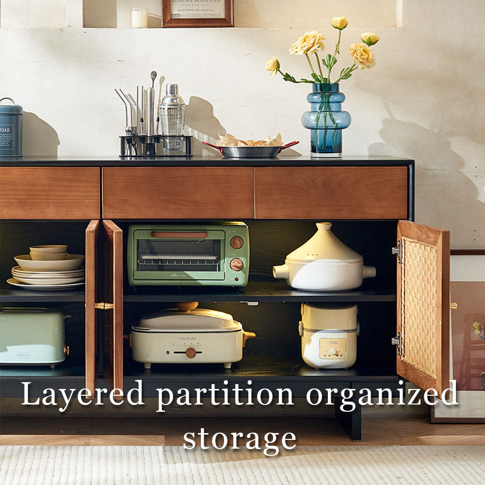 63" Bohemian Style Rattan Door Credenza Sideboard With Storage