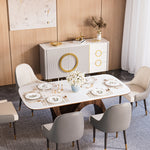 Load image into Gallery viewer, Modern Luxury Dining Set Sculptural Wood &amp; Marble-Effect Table × White-and-Gold Buffet Cabinet

