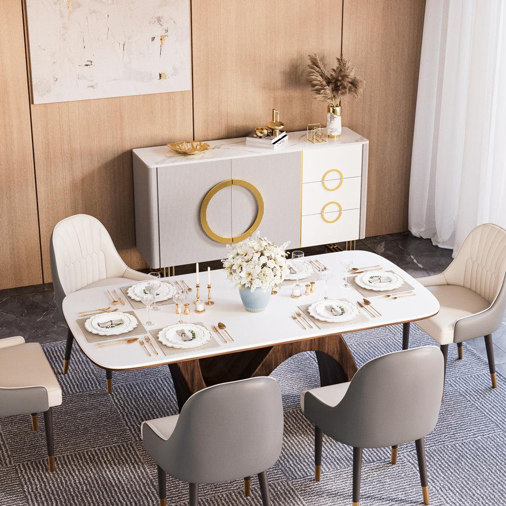 Modern Luxury Dining Set Sculptural Wood & Marble-Effect Table × White-and-Gold Buffet Cabinet