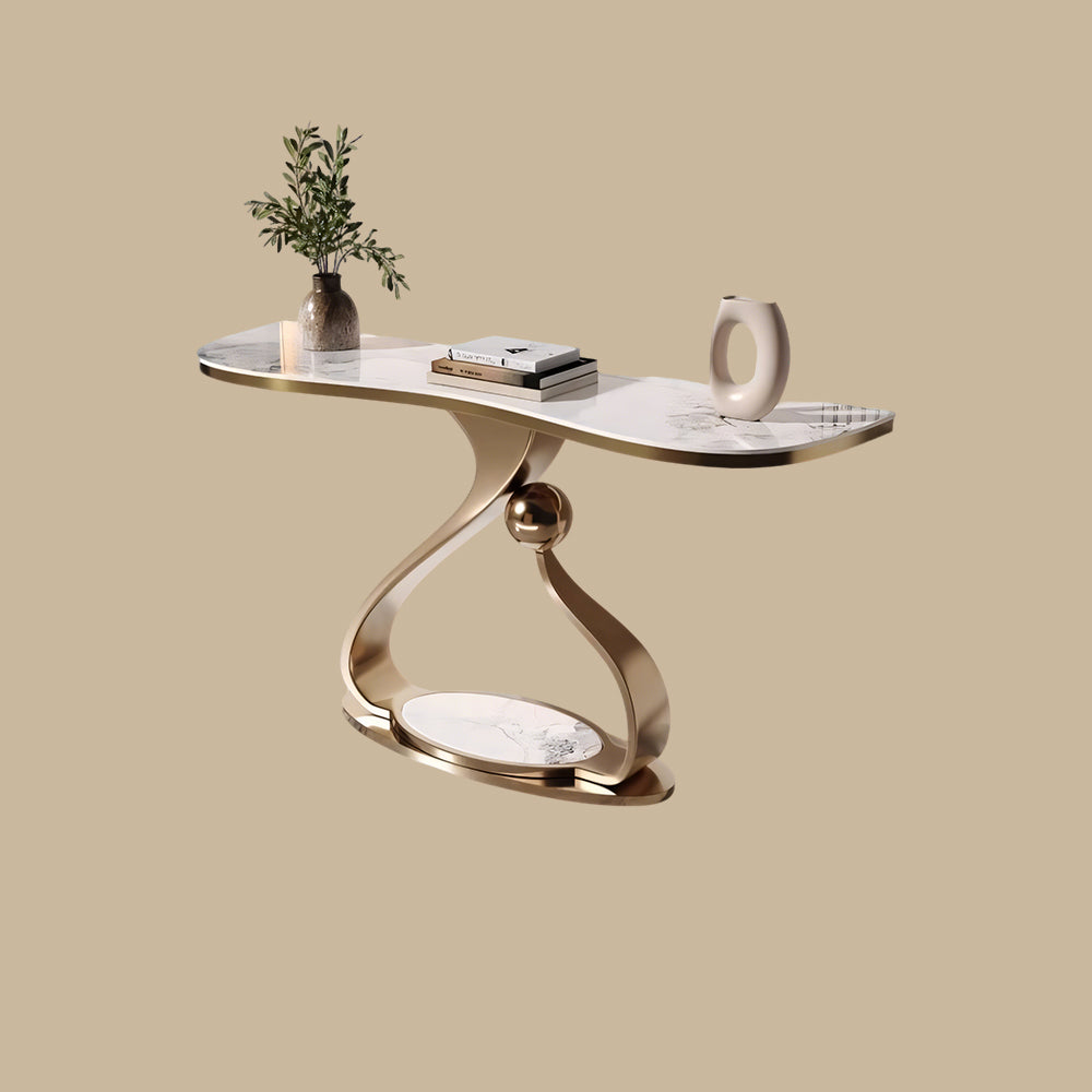 Modern Sintered Stone Entryway Console Table with Gold Sculptural Metal Base