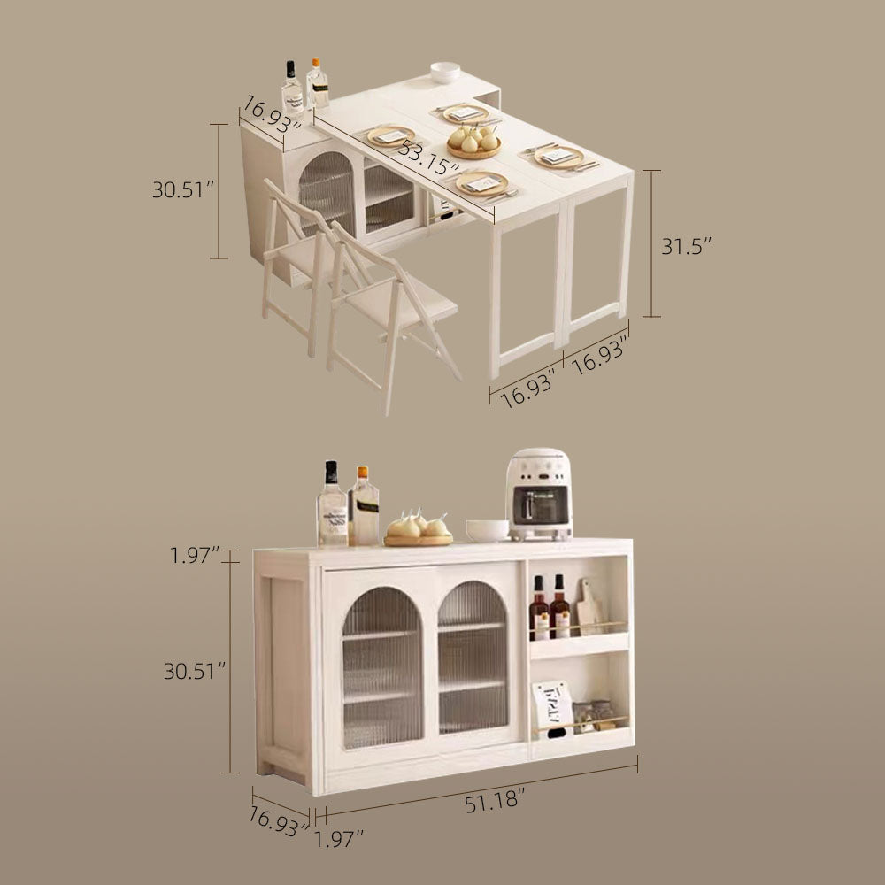 Multi-Functional Dining Table Rotating & Foldable Sideboard Sintered Stone Top Storage Cabinet with Fluted Glass Doors