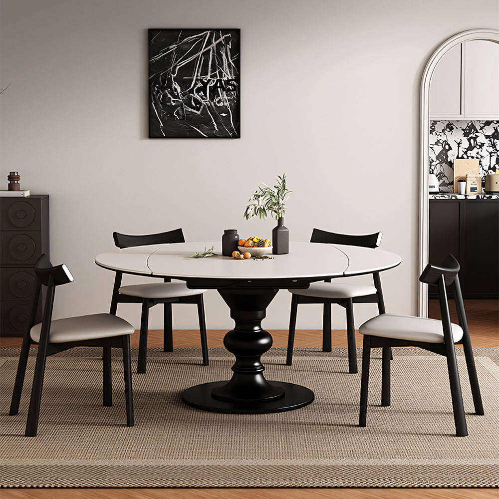 Extendable Round Dining Table Solid Wood Base Sintered Stone Top Convertible Oval Table Space Saving Expandable Dining Table