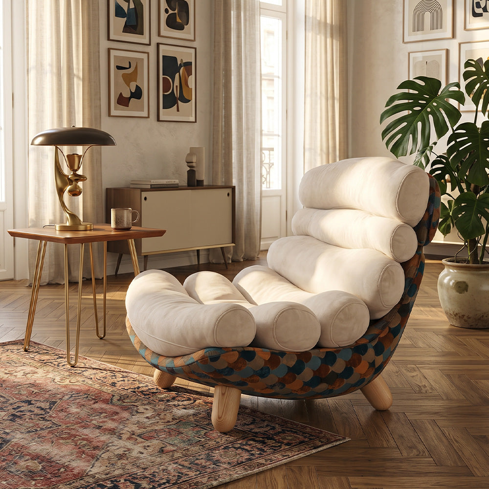 Modern Sculptural Lounge Chair with Plush Cushion and Solid Wood Legs