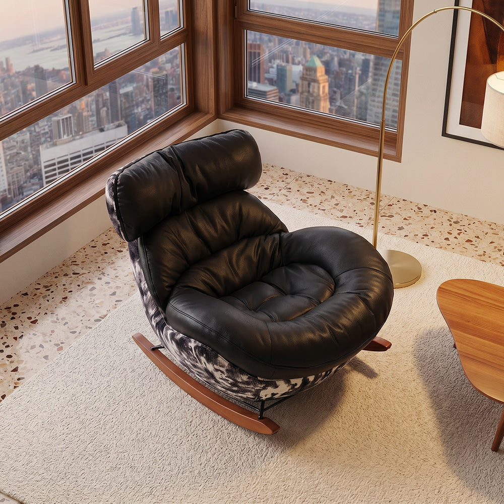 Rocking Lounge Chair with Black Cushions and Abstract Patterned Shell