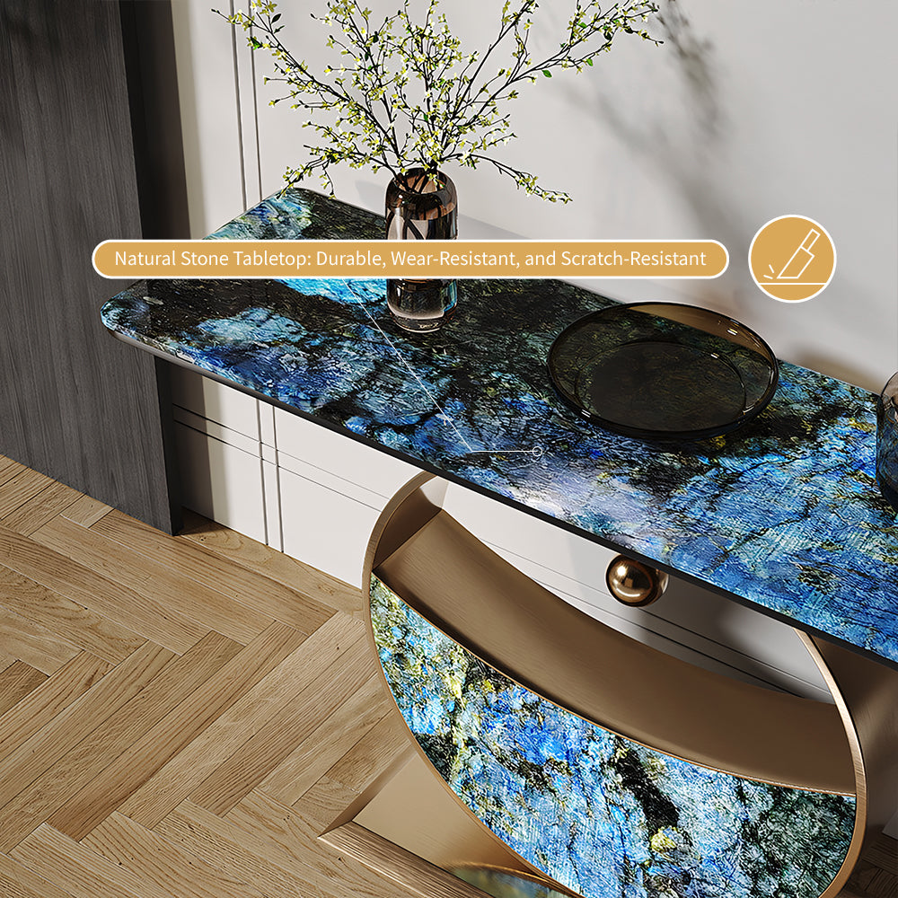 Luxurious Blue & Gold Console Table with Elegant Circular Base