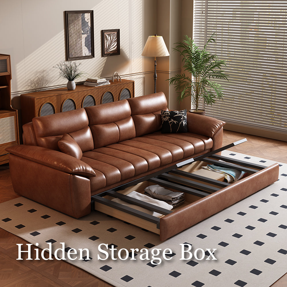 Convertible sofa bed showing plush seating and storage drawers open