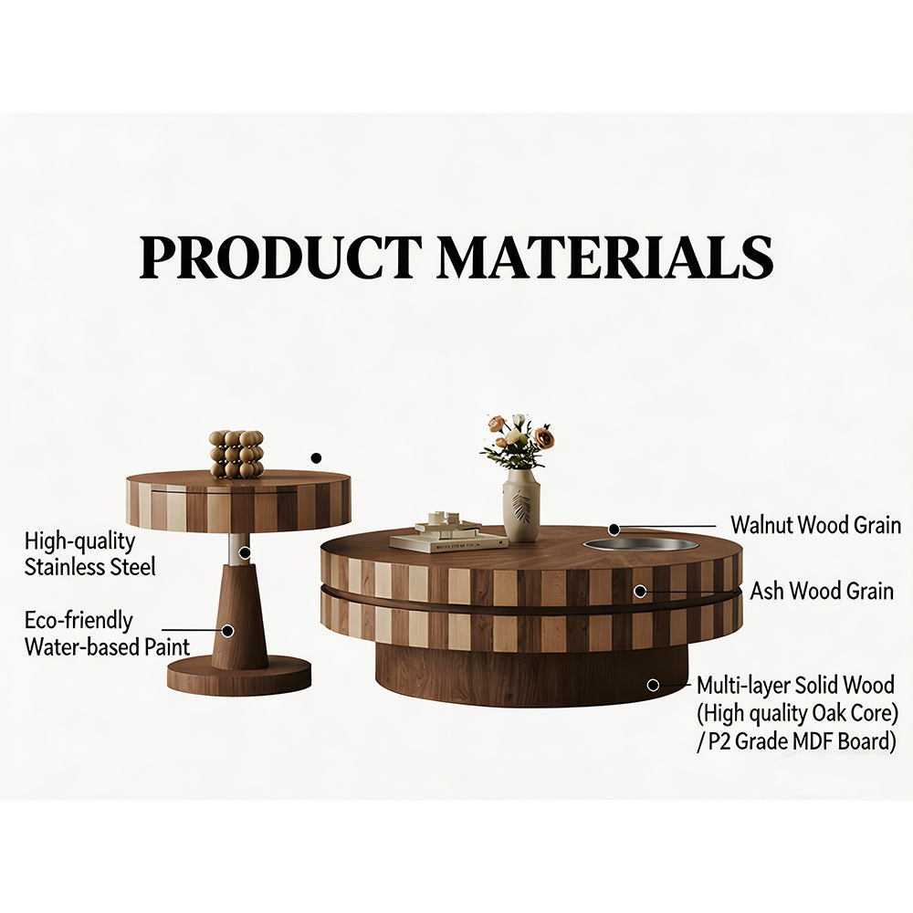 Modern Round Walnut Coffee Table Set Rotating Design Storage Drawer Stainless Steel Tray