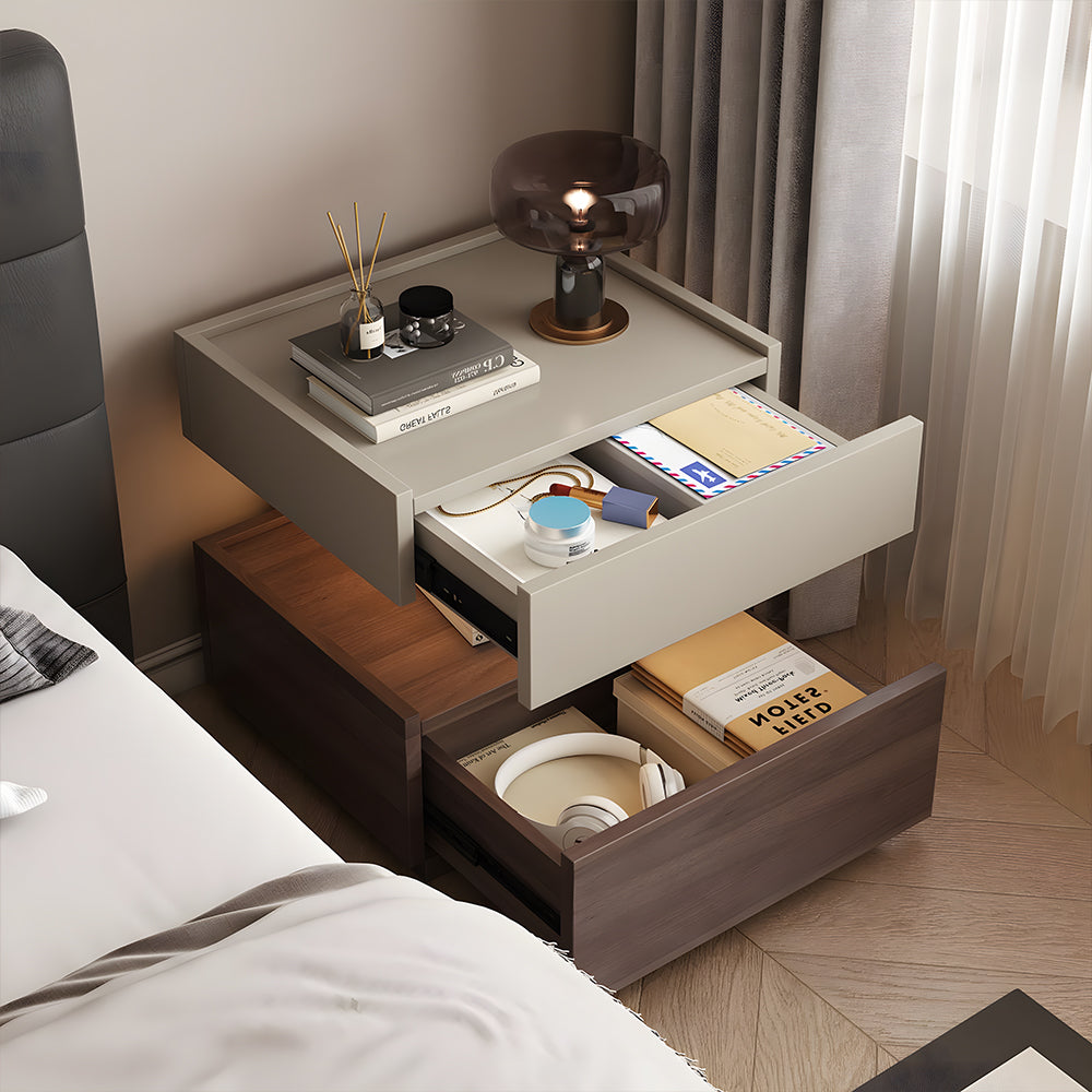 Modern Two Tier Bedside Table with Drawer Tray Top Nightstand Wood Storage Bedside Cabinet
