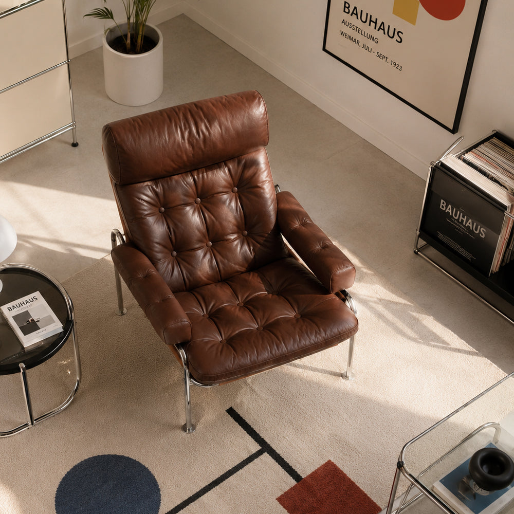 Mid-Century Brown Faux Leather Tufted Lounge Chair with Chrome Frame