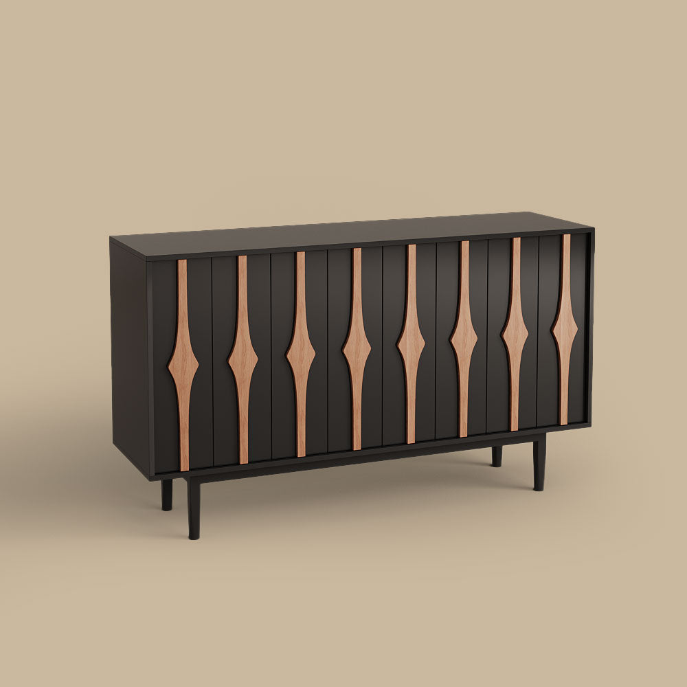 62.9'' Modern Black & Natural Wood Sideboard Cabinet with Decorative Slatted Doors
