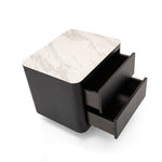 Load image into Gallery viewer, Modern Black Wood Nightstand with Faux Stone Top and Brushed Metal Base
