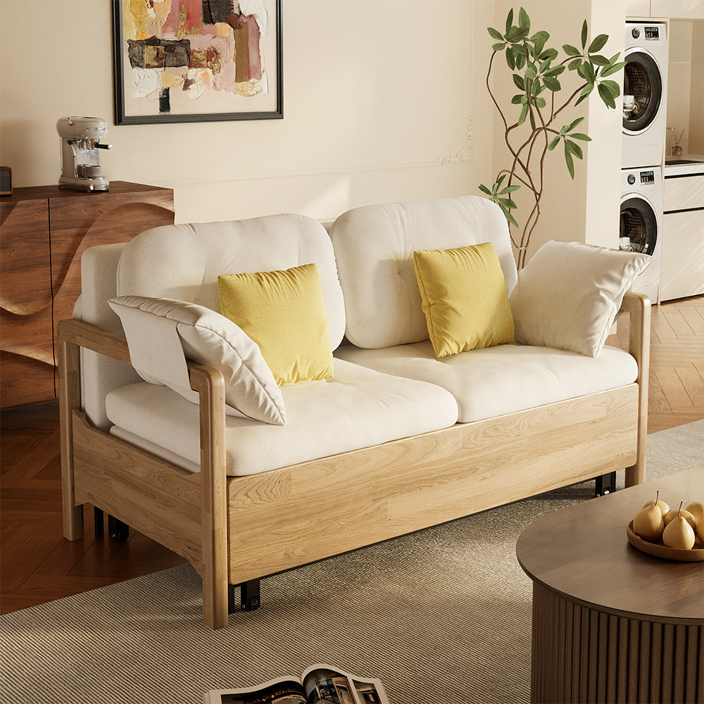 Beige sponge fabric sofa bed in living room interior scene