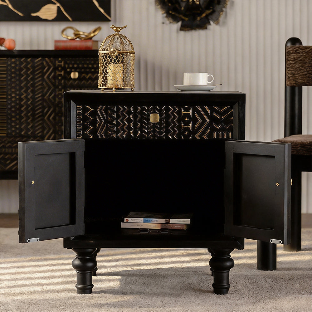 Modern Black Nightstand Wood Bedside Table Carved Door Storage Cabinet with Gold Handles