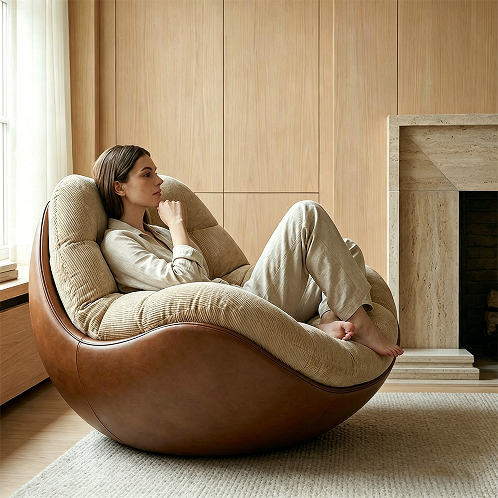 Modern Curved Lounge Chair Upholstered Comfort Accent Chair with Leather Base