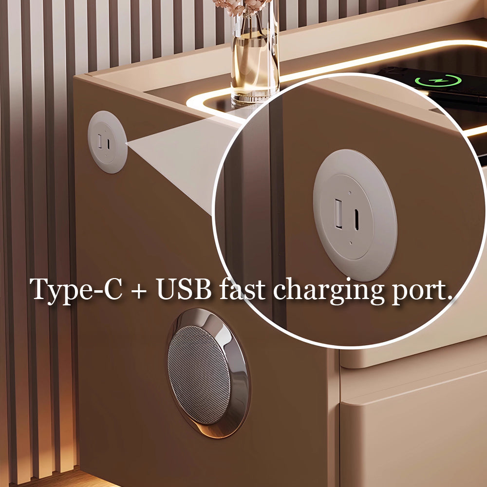 Smart Leather Nightstand with LED Ambience Light Wireless Charging Bluetooth Speaker and Digital Password Lock