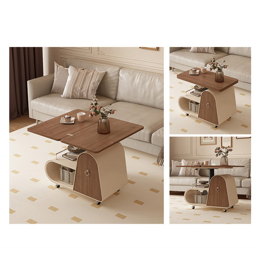 Modern Extendable Coffee Table with Walnut Finish Top and Hidden Storage Rolling Table