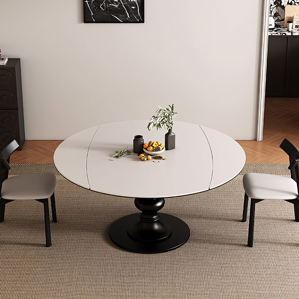 Extendable Round Dining Table Solid Wood Base Sintered Stone Top Convertible Oval Table Space Saving Expandable Dining Table