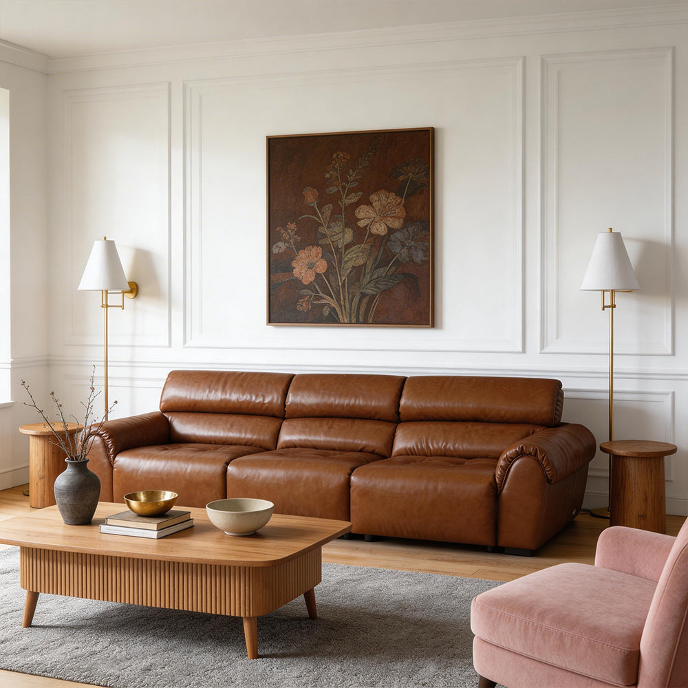 119.2'' Modern Genuine Leather Power Reclining Sofa Remote Control Adjustable Seats Brown Leather Couch