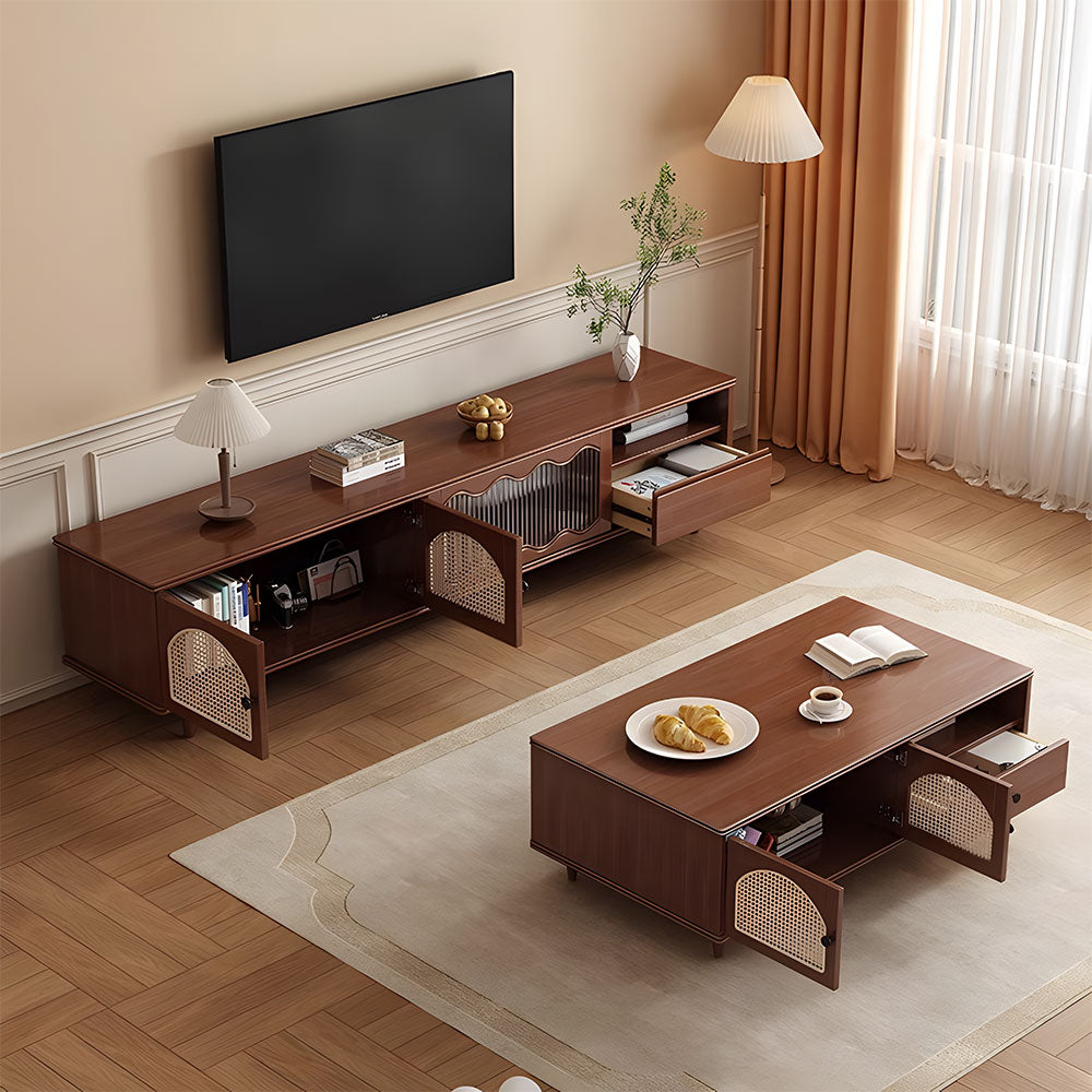 Mid-Century Modern TV Cabinet Cane and Ribbed Glass Design Elegant Wooden Entertainment Center