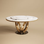 Load image into Gallery viewer, Round Dining Table Lazy Susan Marble Effect Ring Base Gold Accents Perfect for 4-6 People

