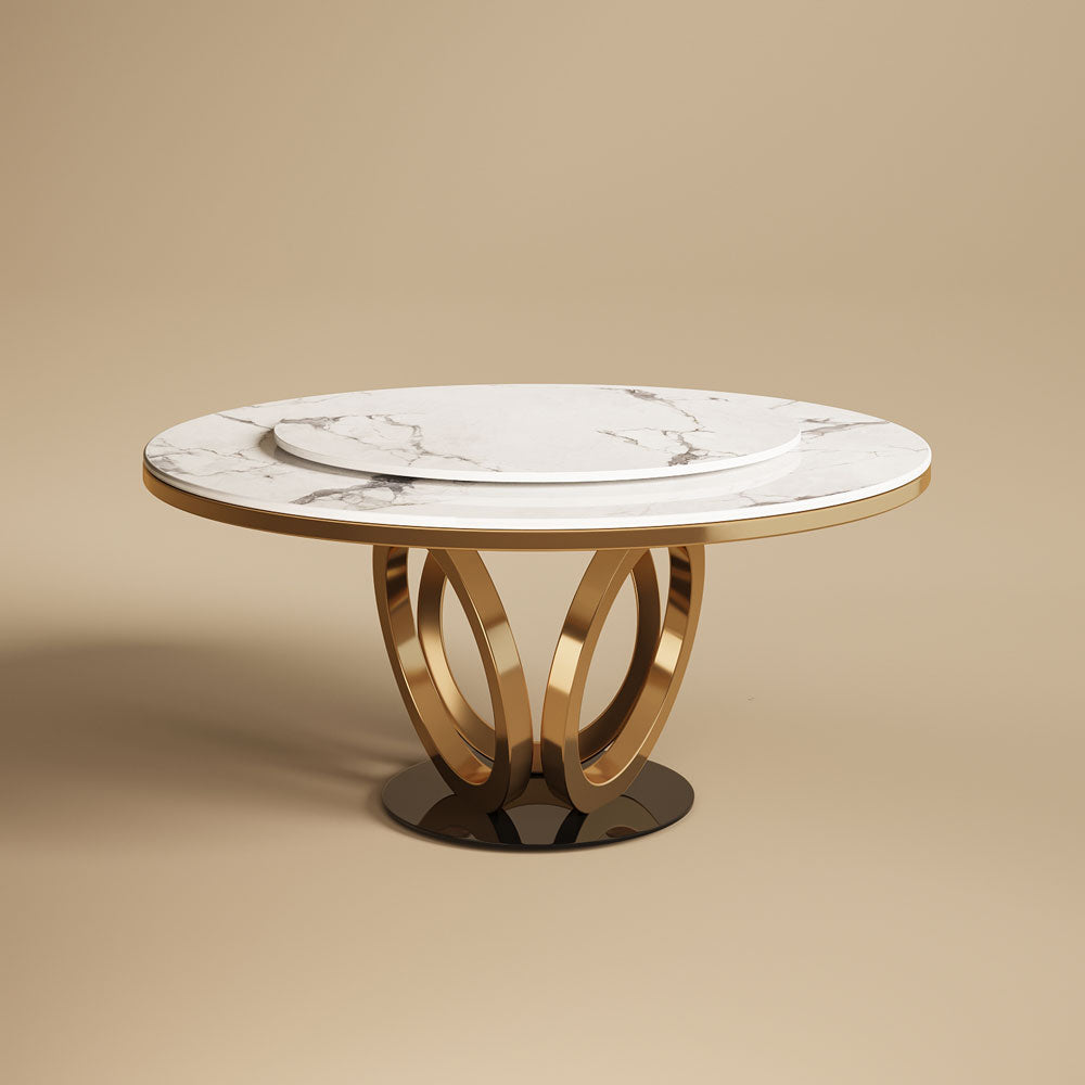 Round Dining Table Lazy Susan Marble Effect Ring Base Gold Accents Perfect for 4-6 People