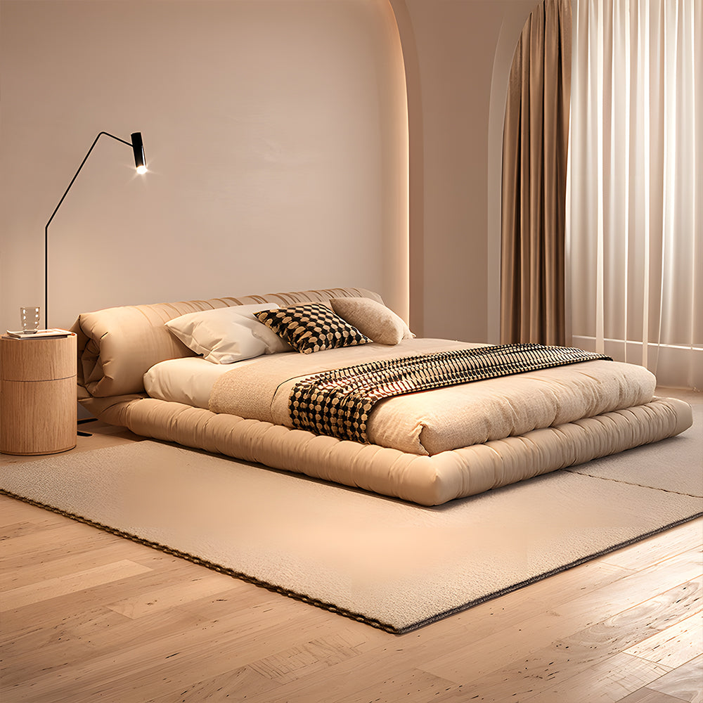 Minimalist Japanese-Style Tatami Bed Fabric Steel-Wood Slatted Frame