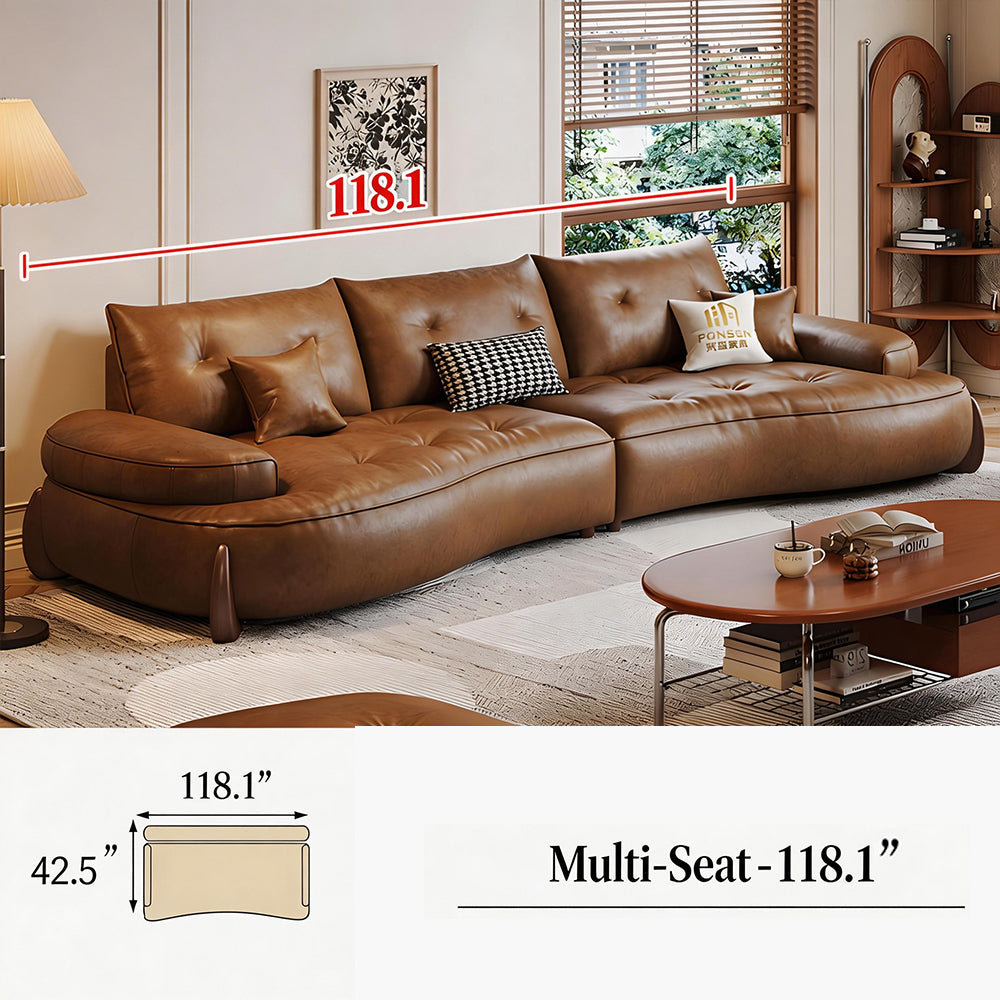 Modern Curved Leather Sofa Camel Upholstery Low Profile Contemporary Lounge Design