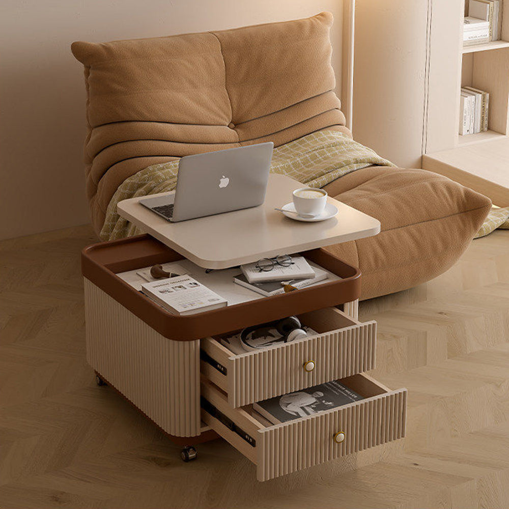 Modern Rolling Side Table with Hidden Storage Drawers and Sliding Top Design