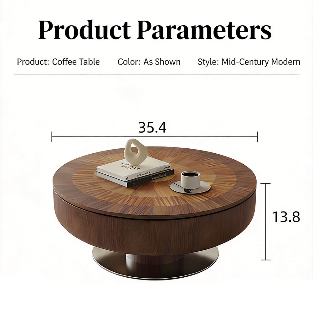 Modern Round Walnut Coffee Table Radial Veneer Design Metal Base