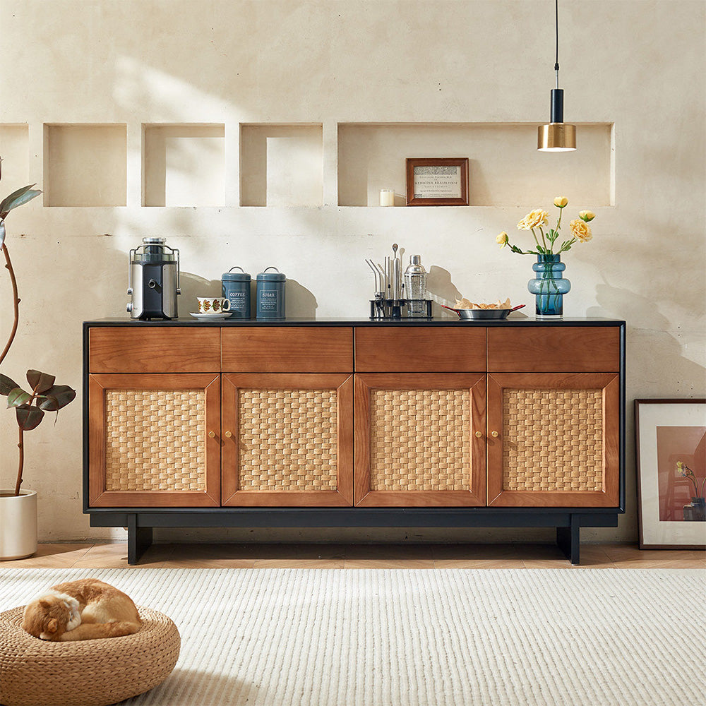 63" Bohemian Style Rattan Door Credenza Sideboard With Storage