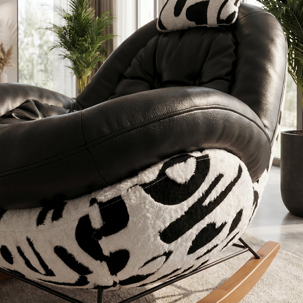Bold Black Leather Rocking Lounge Chair with Patterned Fabric Shell