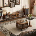 Load image into Gallery viewer, Living room with wooden furniture, including a coffee table and mid century tv stand, in a well-decorated room.
