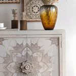 Load image into Gallery viewer, 61'' Boho Mandala Carved Sideboard Cabinet White Washed Wooden Buffet Storage with Metal Base Decorative Accent Console
