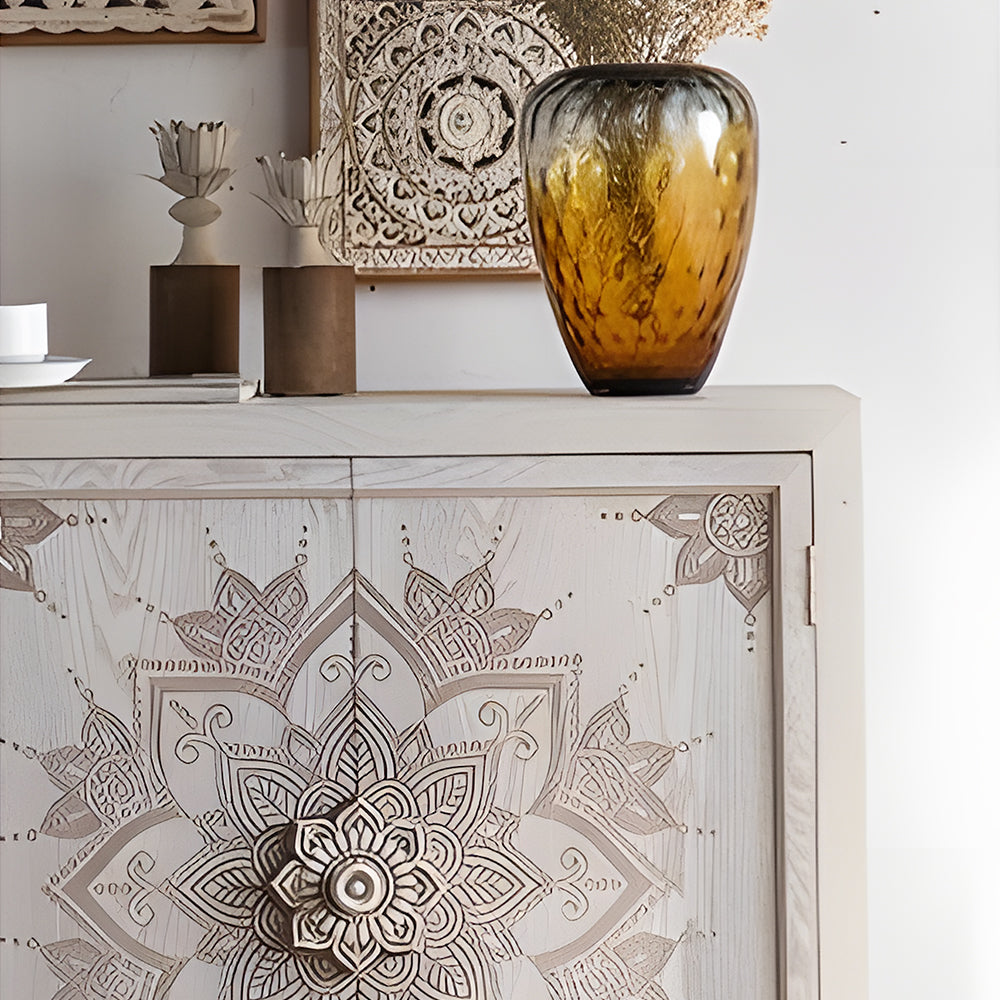 61'' Boho Mandala Carved Sideboard Cabinet White Washed Wooden Buffet Storage with Metal Base Decorative Accent Console