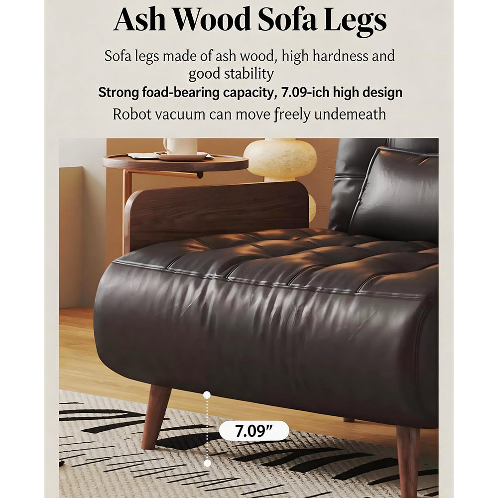 Modern Faux Leather Sofa Bed Convertible Sleeper Couch with Wood Armrests Tufted Design