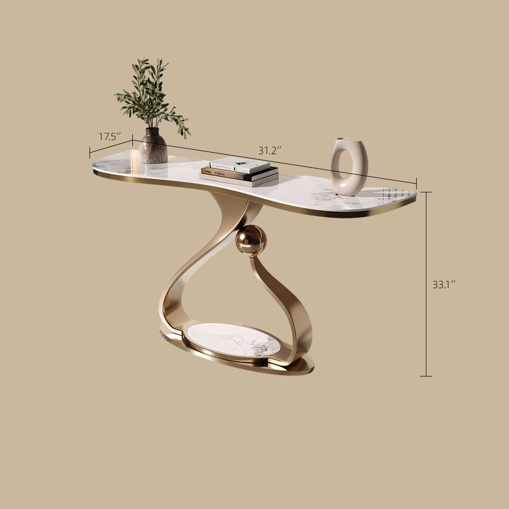 Modern Sintered Stone Entryway Console Table with Gold Sculptural Metal Base
