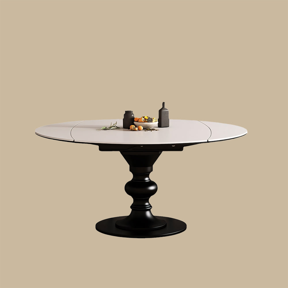 Extendable Round Dining Table Solid Wood Base Sintered Stone Top Convertible Oval Table Space Saving Expandable Dining Table