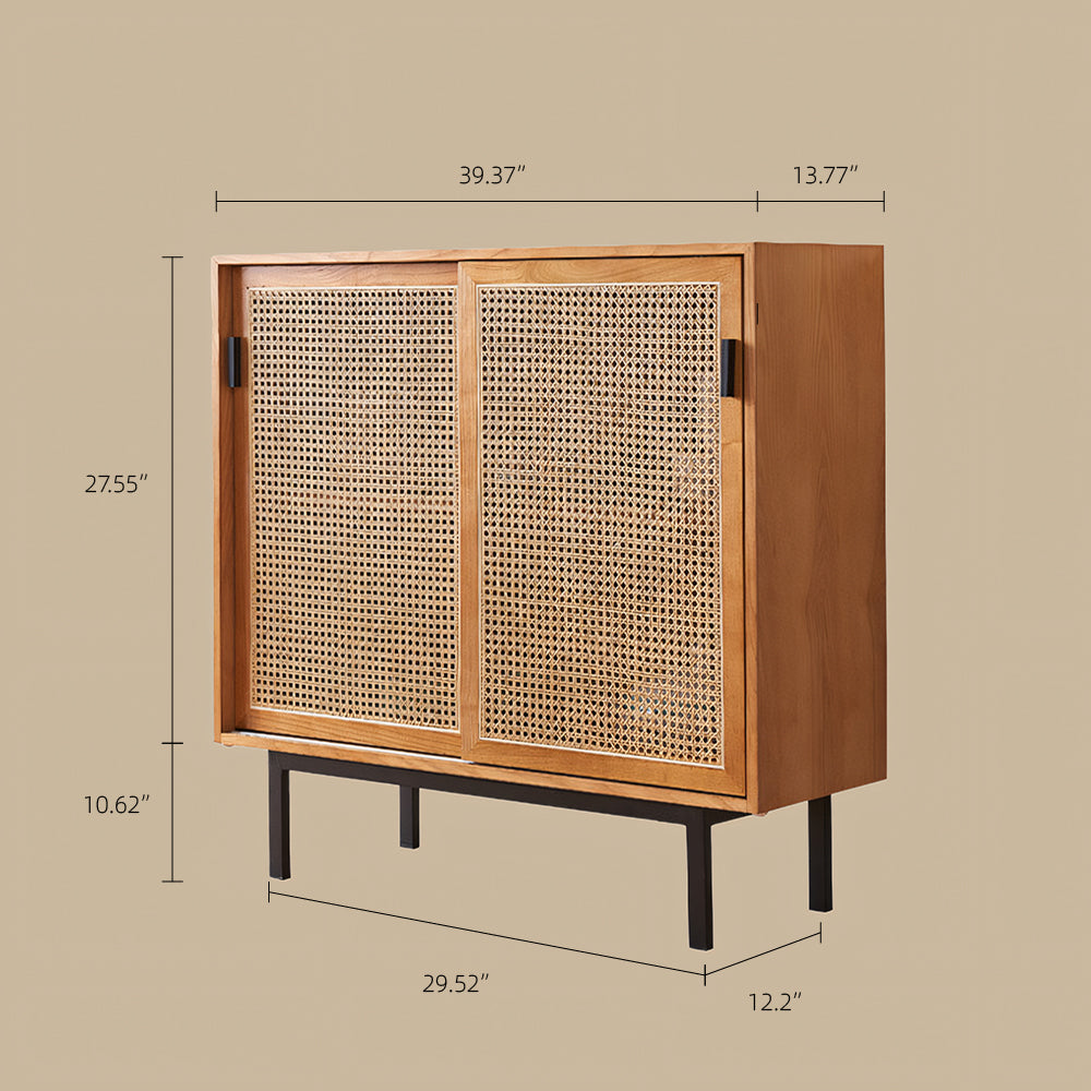 39" Modern Rattan Sideboard 2-Door Natural Wood Buffet Cabinet with Metal Legs