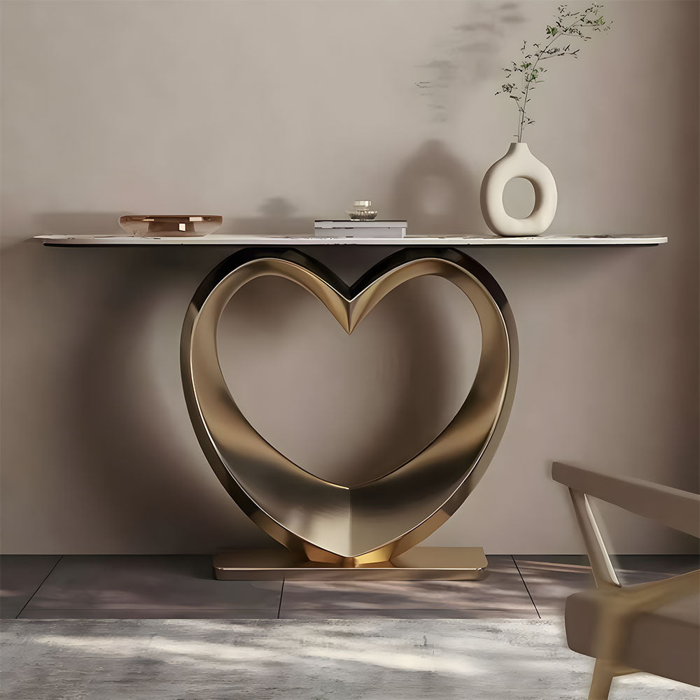 Elegant Heart-Shaped Base Console Table in Gold with Marble Top