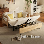 Load image into Gallery viewer, Convertible sofa bed showing seating and under-seat storage drawer open
