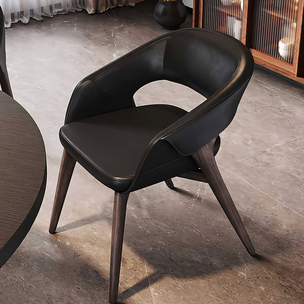 Modern Upholstered Dining Chair Faux Leather Seat Curved Armrest Accent Chair with Solid Wood Legs 1 Piece