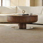 Load image into Gallery viewer, Modern Round Walnut Coffee Table Radial Veneer Design Metal Base
