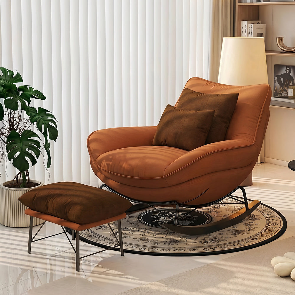 Modern Rocking Lounge Chair Upholstered Fabric Accent Chair with Curved Design and Metal Base