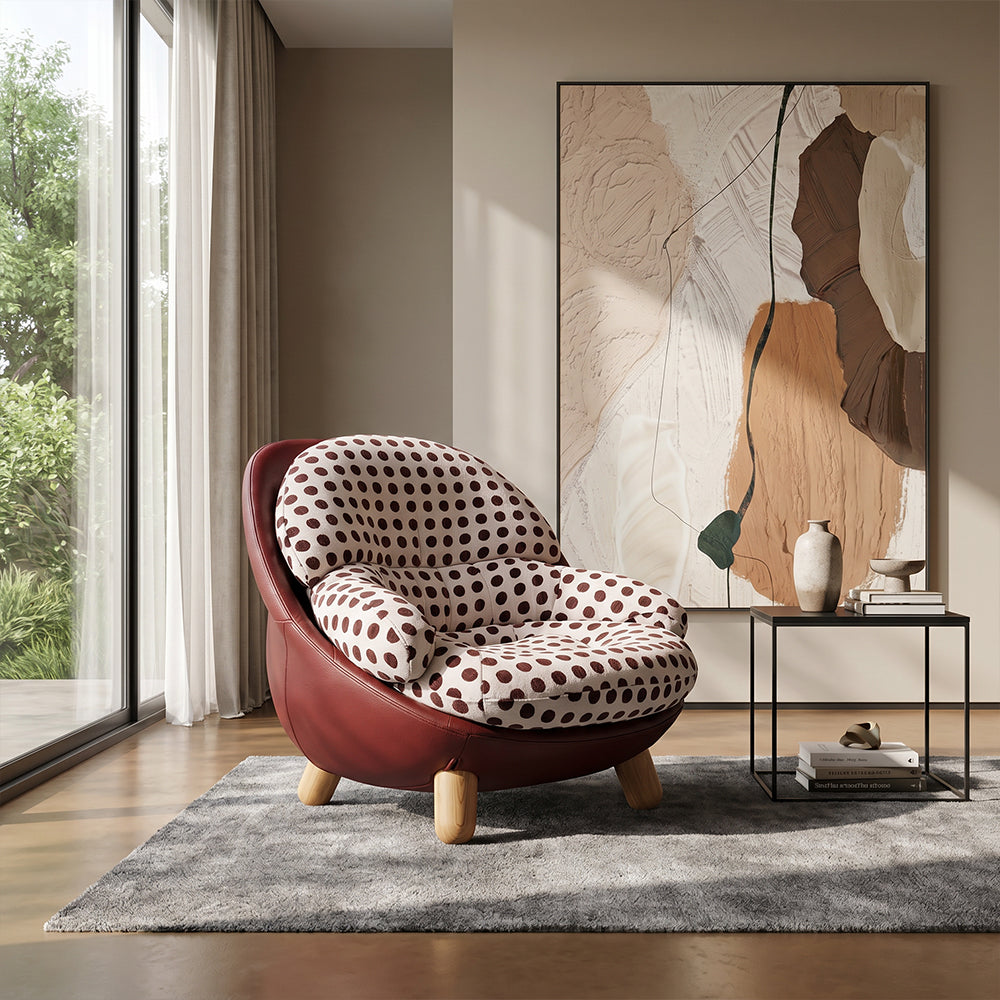 Modern Polka Dot Lounge Chair with Rounded Cushion & Wood Legs