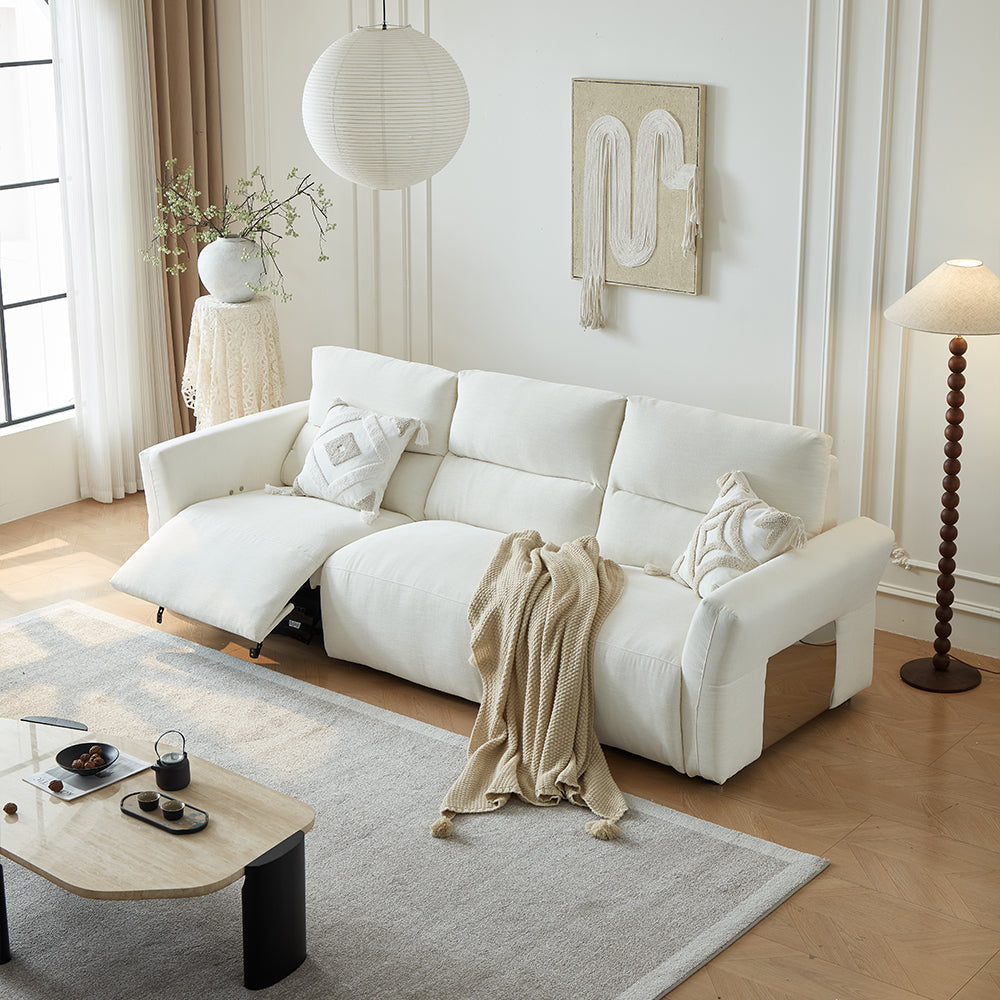 106.2'' Modern Electric Reclining Sofa Cream Fabric Power Sofa with Adjustable Footrest and Wide Armrests